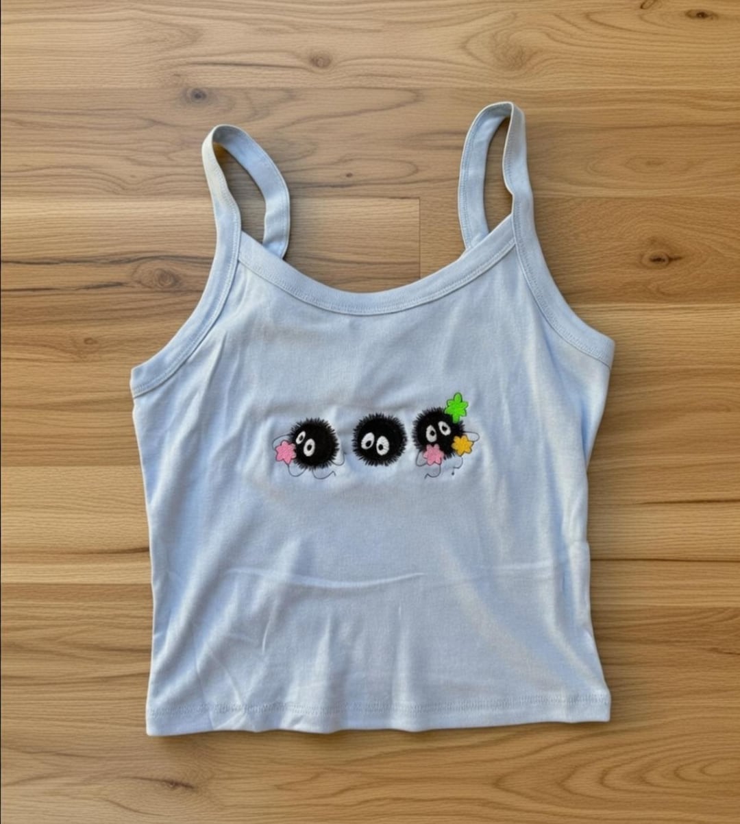 Soot Sprites Embroidered Spaghetti Strap Tank Top, Anime Kawaii Embroidery Racer Tank, Cute Soot Sprite Baby Tee, Anime Fan Gift - Etsy