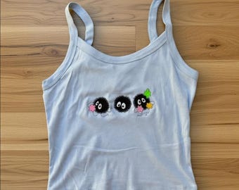 Soot Sprites Embroidered Spaghetti Strap Tank Top, Anime Kawaii Embroidery Racer Tank, Cute Soot Sprite Baby Tee, Anime Fan Gift
