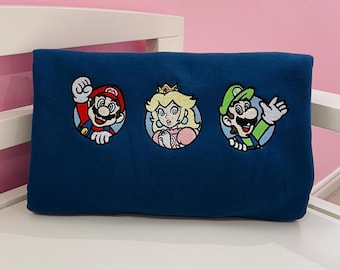 Super Mario Embroidered T-Shirt, Mario Luigi Peach Embroidered Sweatshirt, Video Game Embroidery Hoodie, Gamer Gift, Retro Video Game Outfit