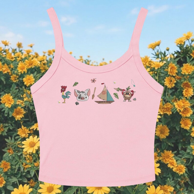 Disney Disney Moana Pua Hei Hei Besticktes Spaghetti-Träger Tank Top, Moana Disney Urlaub Stickerei Racer Tank, Kokosnuss Mädchen Baby T-Shirt Bild 4