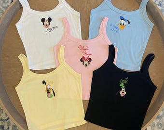 Disney Characters Embroidered Spaghetti Strap Tank Top, Mickey Minnie Daisy Donald Goofy Embroidery Tank, Magic Kingdom Baby Tee, Disney Tee