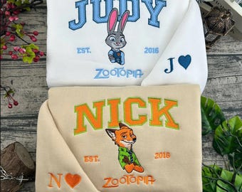 Camiseta bordada de Zootopia de Disneyland, sudadera a juego de Nick y Judy, sudadera con capucha bordada de Nick y Judy para viajes a Disney, regalo para fans de Zootopia