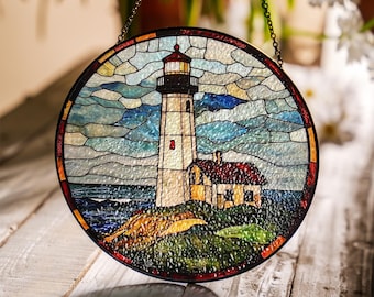 Atrapasol de vitral con forma de faro, atrapasol costero, atrapasol playero para ventana, decoración del hogar con escena oceánica