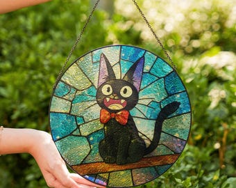 Atrapasol de vitral con diseño de gato Jiji, atrapasol colgante de ventana de Ghibli Studio, regalo para amantes del anime, atrapasol de vitral con diseño de gato Jiji