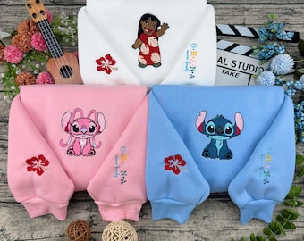 Disneyland Lilo Stitch und Engel besticktes T-Shirt, Disney Passender Pullover, OHANA Means Family Disney Hawaii Stickerei Hoodie