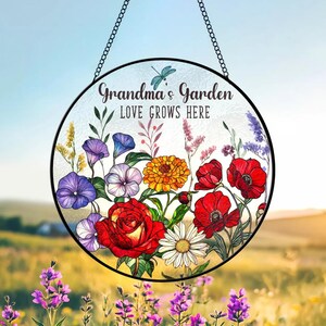 Custom Flower Grandma&#39;s Garden Flower Stained Glass Suncatcher, Personalized Birth Flowers Window Hanging Decor, Mother&#39;s Day Gift