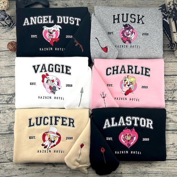 Hazbin Hotel Embroidered T-Shirt, Hazbin Hotel Anime Sweater, Hazbin Hotel Characters Embroidery Hoodie, Alastor Charlie Angel Dust Shirt