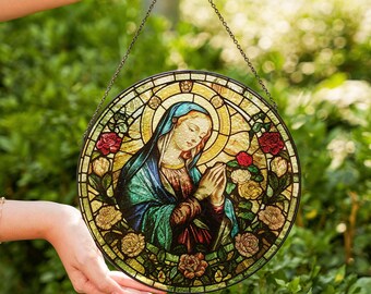 Virgin Mary Stained Glass Suncatcher, Mother of God Home Decor Stained Glass Ornament, Lady of Guadalupe Window Hanging Decor