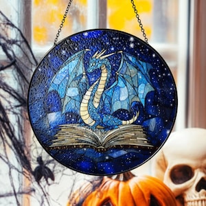 Dragon Book Stained Glass Suncatcher, Fantasy Dragon House Stained Glass Ornament, Book Lovers Inspired Gift, Dragon Reading Hanging Decor