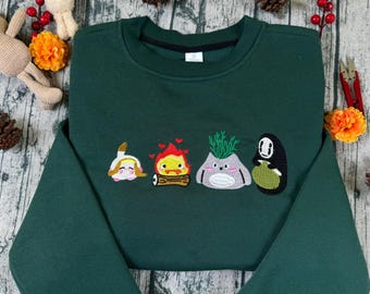 Ghibli Aesthetic Embroidered T-Shirt, Howls Moving Castle Embroidery Sweatshirt, Japanese Cartoon Hoodie, Fantasy Anime Inspired Fan Gift