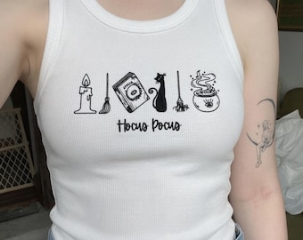 Disney Hocus Pocus Embroidered Spaghetti Strap Tank Top, Sanderson Sisters Halloween Embroidery Racer Tank, Disney Witch Baby Tee