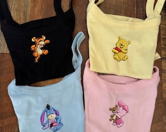 Disney Winnie The Pooh Embroidered Spaghetti Strap Tank Top, Disney Trip Embroidery Racer Tank, Pooh and Friends Disney Baby Tee