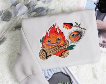 Calcifer Anime Embroidered T-Shirt, Howl's Moving Castle Embroidery Sweater, Anime Fan Hoodie, Calcifer Anime Japanese Shirt