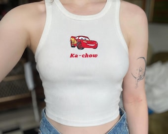 Lightning McQueen Ka Chow Embroidered Spaghetti Strap Tank Top, Disney Cars Movie 95 Embroidery Racer Tank, Ka Chow Baby Tee, Car Tee