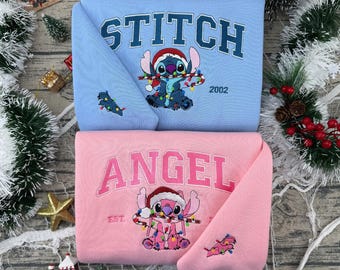Camiseta bordada navideña de Stitch y un ángel de Disneyland, sudadera a juego de Stitch y un ángel, sudadera con capucha bordada navideña de Disney, regalo de Navidad