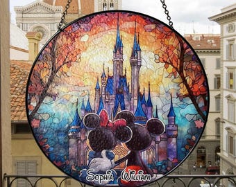 Custom Disney Castle Mickey Minnie Stained Glass Suncatcher, Personalized Couple Name Disney Romantic Window Hanging, Mouse Ornaments