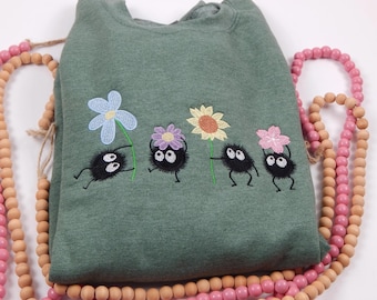 Soot Sprites Embroidered T-Shirt, Anime Kawaii Embroidered Sweater, Cute Soot Sprite Embroidery Hoodie, Anime Lovers Gift