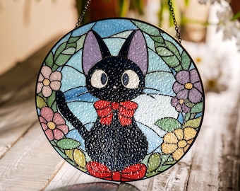 Atrapasol de vitral con diseño de gato Jiji, atrapasol colgante de ventana de Ghibli Studio, regalo para amantes del anime, atrapasol de vitral con diseño de gato Jiji