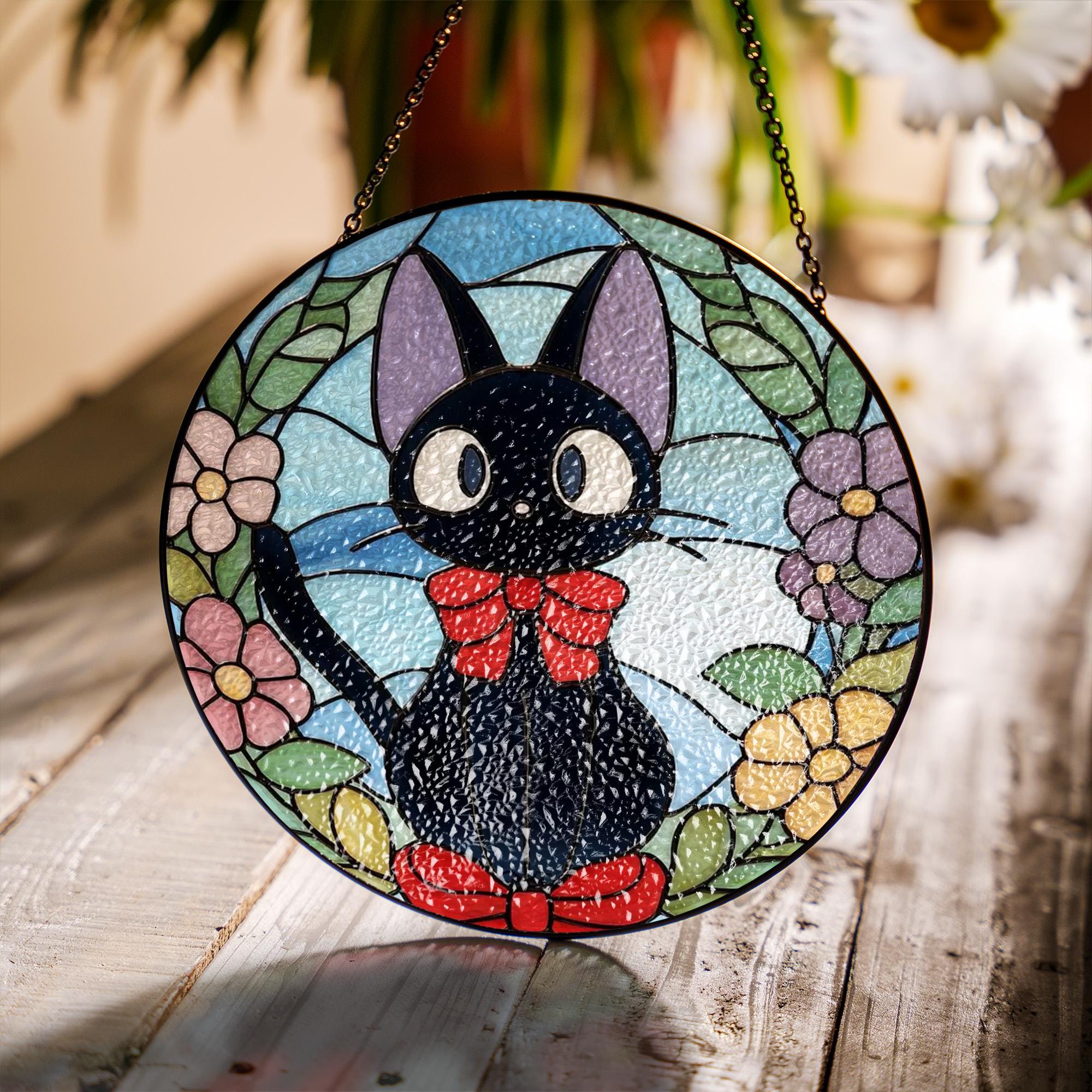 Ghisetti（ギセッティ）ガラス象 Jiji Cat Stained Glass Suncatcher, Ghibli Studio Suncatcher Window