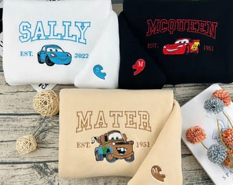 Camiseta bordada a juego de Cars, sudadera de Cars de Disney, sudadera con capucha bordada a juego de Disney, camiseta de McQueen Sally Matter, camiseta de la película Cars