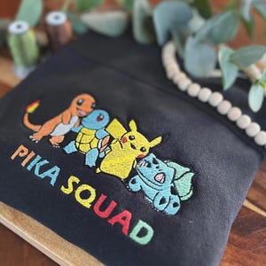 Anime Pika Squad Embroidered T-Shirt, Anime Lovers Embroidered Sweater, Anime Embroidery Hoodie, Anime Lovers Gift