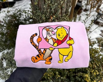 Disneyland Winnie the Pooh and Tigger Embroidered T-Shirt, Pooh Bear and Tigger In Love Embroidery Sweater, Disney Trip Matching Hoodie