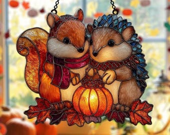Squirrel And Hedgehog Fall Arcylic Suncatcher, Pumpkin Window Hanging Suncatcher, Squirrel And Hedgehog Autumn Vibes Acrylic Home Decor