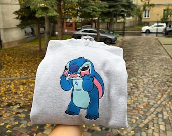 Disney Disney Lilo & Stitch besticktes T-Shirt, süße Stitch Stickerei Rundhalsausschnitt, Stitch Fan Stickerei Hoodie, Disney Trip Sweatshirt