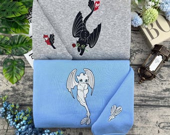 Disneyland Ohnezahn & Light Fury besticktes T-Shirt, Ohnezahn und Light Fury Paar Pullover, Drachenzähmen Stickerei Hoodie