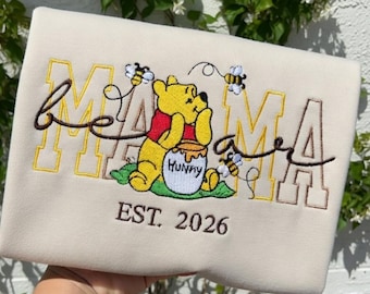 Disney Mama Bear Embroidered T-Shirt, Cute Winnie The Pooh Embroidery Sweatshirt, Custom Mama Pooh Bear With Year Hoodie, Mothers Day Gift
