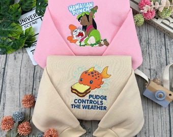 Disney Pudge der Fisch und hawaiianischer Schlag besticktes T-Shirt, Lilo und Stitch Paar passender Pullover, Lilo Stitch Disney Stickerei Hoodie