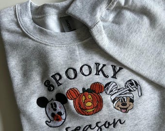 Happy Halloween Mickey Mouse Pumpkin Embroidered T-Shirt, Cute Mickey Spooky Season Embroidery Sweater, Disney Autumn Embroidery Shirt