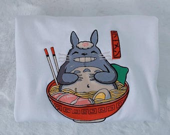 Totoro in the Ramen Bowl Anime Embroidered T-Shirt, Ghibli Studio Totoro Embroidery Sweater, Anime Fan Hoodie, Totoro Anime Fan Gift