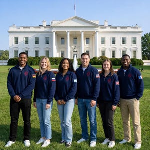 Könnte beinhalten: Sechs Personen tragen marineblaue Pullover mit Viertelreißverschluss, rotem Emblem und Flaggenaufnähern auf den Ärmeln. Sie stehen an einem sonnigen Tag vor dem Weißen Haus auf einer grünen Wiese.