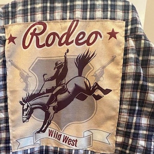 Rodeo Applique Flannel, Wild West, Thrifted, Upcycled Shirt, Bucking Bronco, Size Women’s Medium - Navy/White Flannel shirt