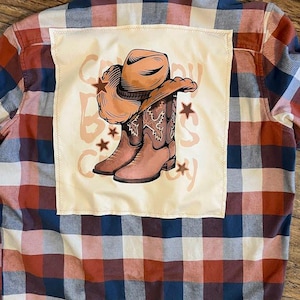 Rodeo, western, cowboy boots & hat,  upcycled flannel shirt, thrifted flannel, repurposed applique sewn on back; Size Men’s Large