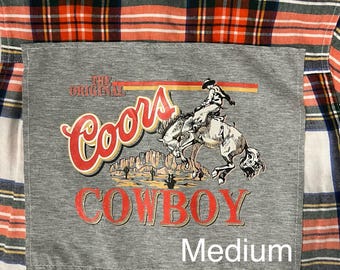 Coors Cowboy - Red/white/navy/green plaid thrifted flannel shirt with appliqué sewn on back - Size Women’s Medium - Old Navy brand