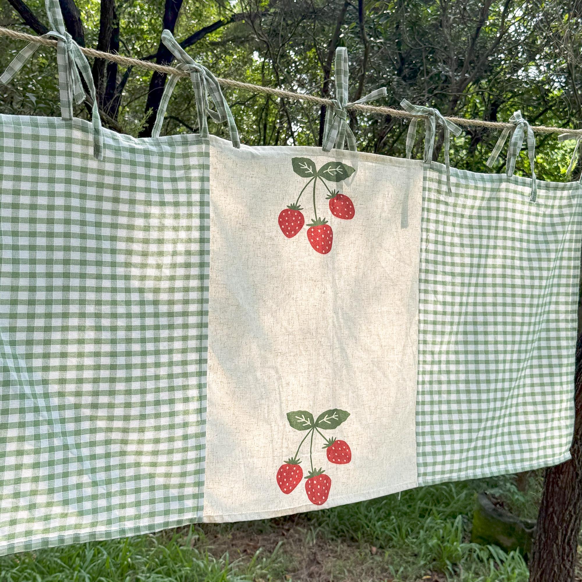 Green Gingham Cafe Curtains Valances, Farmhouse Country Kitchen Curtains, Fruit Strawberry Cotton Linen Half Curtains, Custom Curtains Sizes
