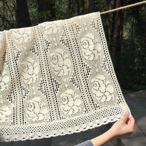Vintage Beige Rose Crochet Short Curtains For Kitchen, Woven Flower Lace Short Curtains, Cabinet Curtains, Cafe Curtains, Hollow Curtains