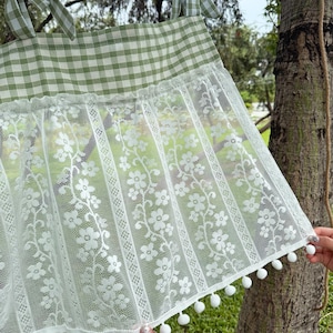 Green Gingham Short Curtains with Tie Top, White Retro Embroidered Flower Short Curtains, French Style Lace Sheer Curtains, Cafe Curtains