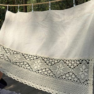 Beige Crochet Splicing Short Curtain, Woven Flower Lace Short Curtain, Farmhouse Kitchen Curtain,Cabinet Curtain, Cafe Curtain, Hemp Curtain