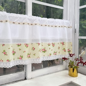 Cafe Curtains, Pink  Green Flowers Cotton Curtain with Lace Trim, Kitchen Curtains, Shabby Chic Valance, Lace Window Curtain Valance