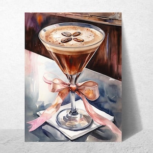 Espresso Martini, Coquette Bow, Bar Cart Decor, Cocktail Art, Cocktail Print, Watercolor, Wall Print, Trendy Print, Trendy Wall Art