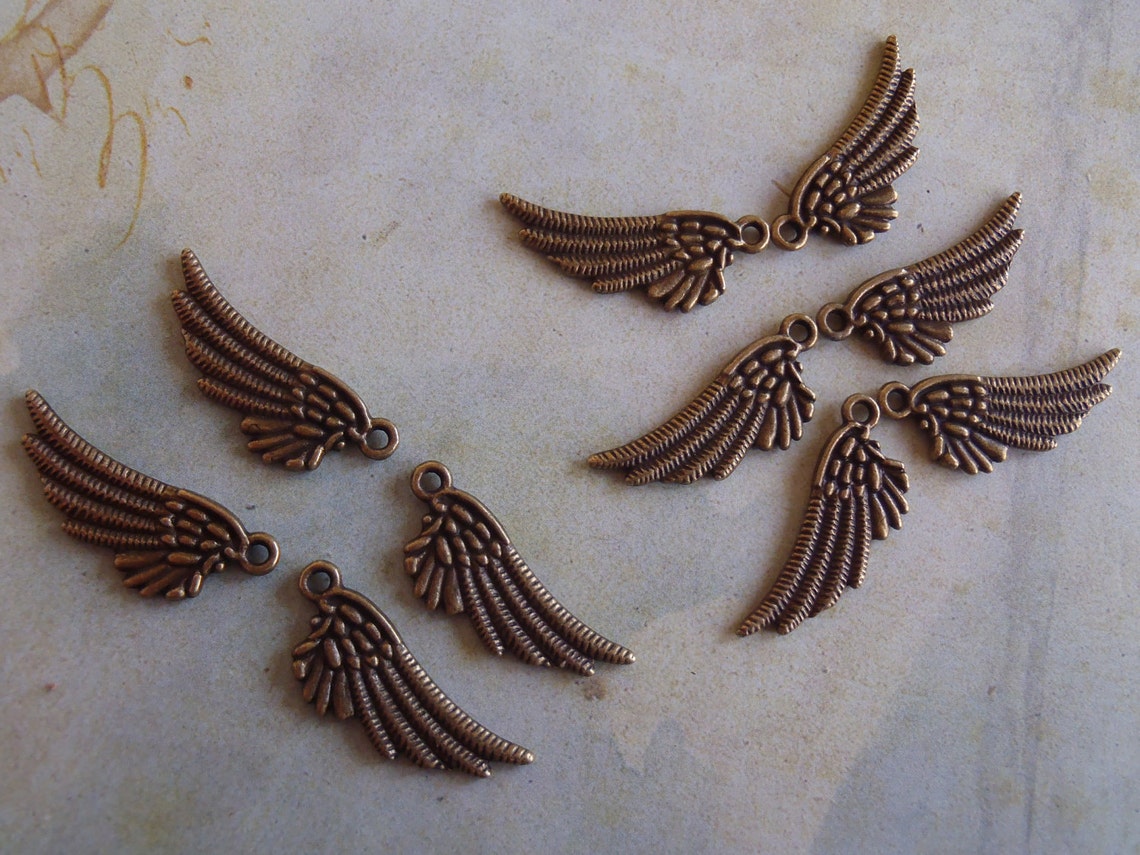 10 Antique Bronze Angel Wing Charm Double Sided Etsy