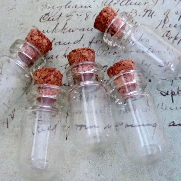 Tiny Small Glass Vial Bottles w Tiny Round Bottom Bottle with Cork Stopper for DIY Necklace Pendant Making Craft Supply QTY 5, 10, 15