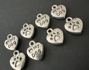 Heart charm - 10 Antique silver heart -  Charms -  Love my dog -  paw print (ABHTC10)