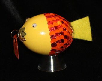 Hand decorated Blown Egg Ornament (Yellow Fish with Paper Scales)