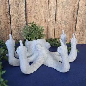 以下が含まれることがあります： すべての触手が中指を立てているタコの形をした白いセラミック製のプランター。プランターは斑点模様の質感で、小さな緑色の植物が入っています。