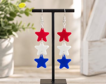 3D-geprinte ster hangoorbellen: rood wit blauw patriottische sieraden VS