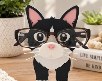 Tuxedo Cat Glasses Holder | Black and White Cat Eyeglass Stand | 3D Printed Desk Decor | Cute Cat Lover Gift